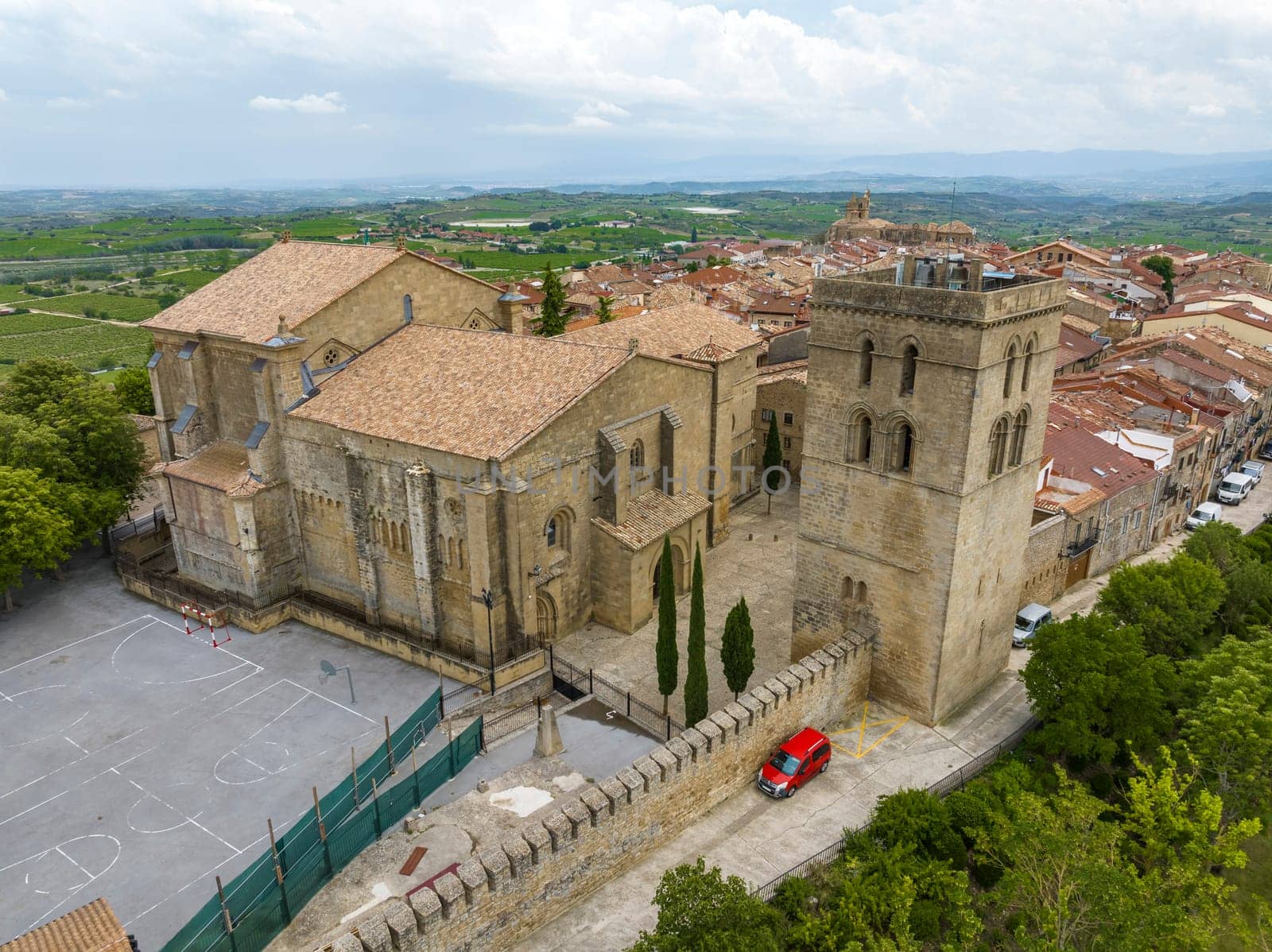 Aerial view at the Church Santa Maria de los Reyes in Laguardia, Spain Nominated beautiful village