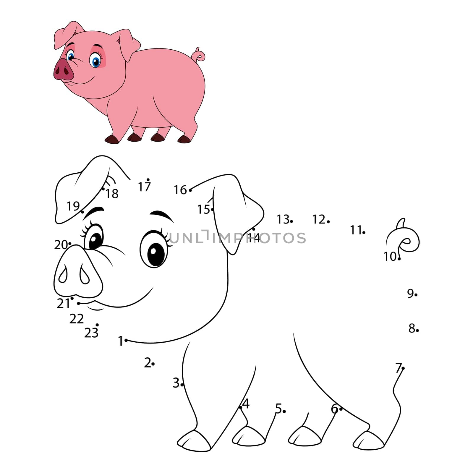 Connect the number to draw the animal educational game for children, Cute little pig