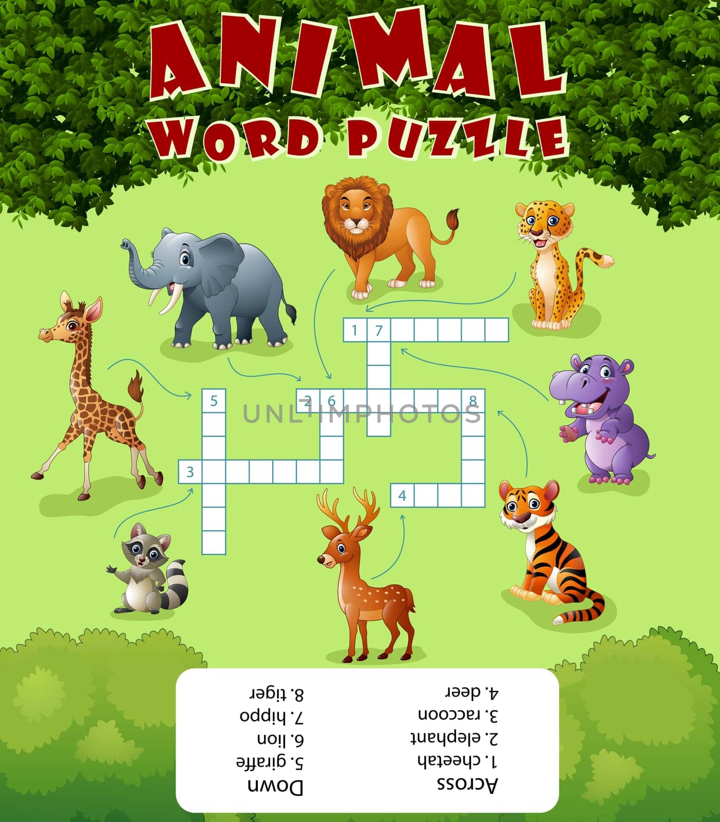 Card with crossword, education game for children about wild animals