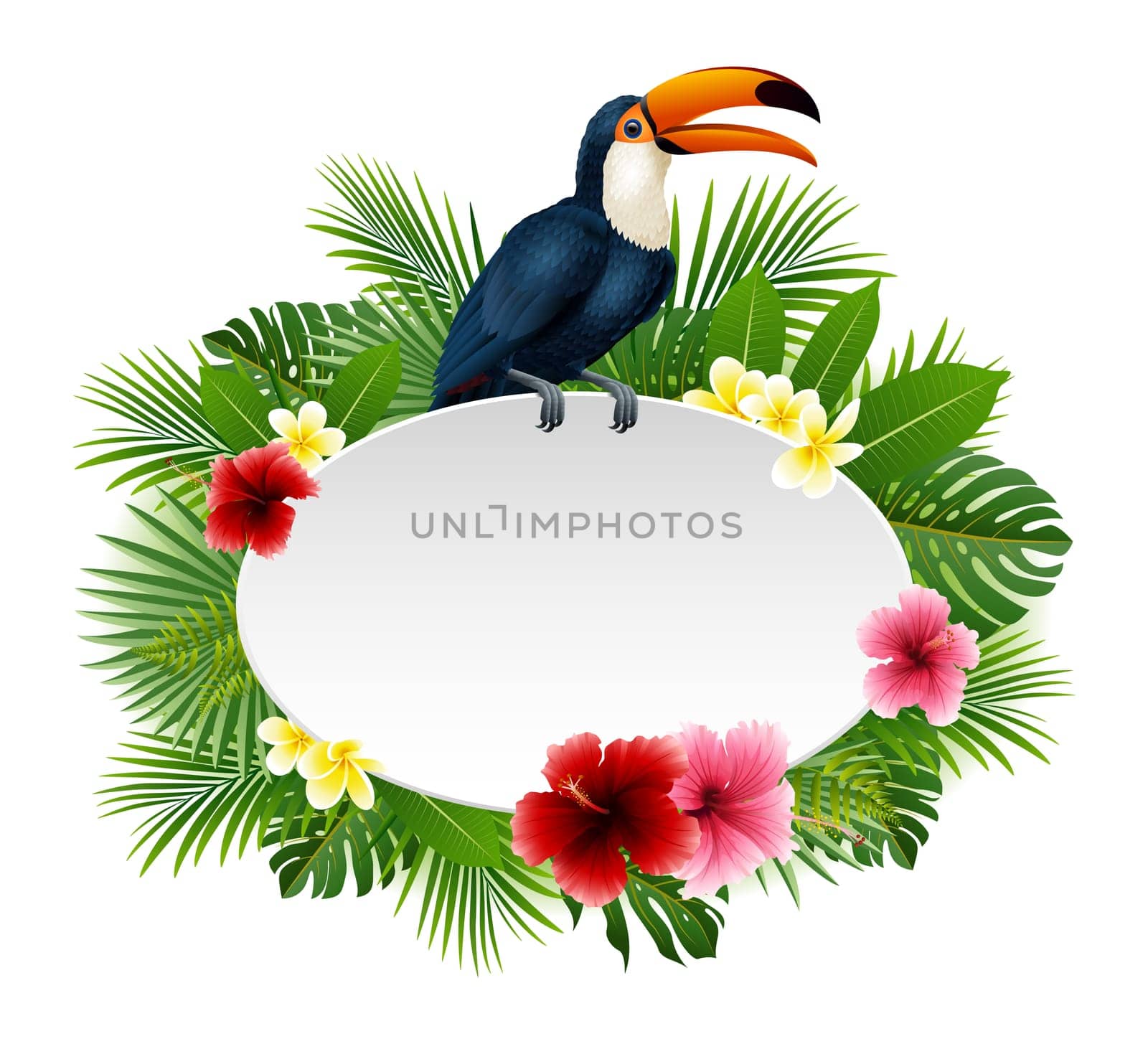 Summer card with tropical plant and toucan