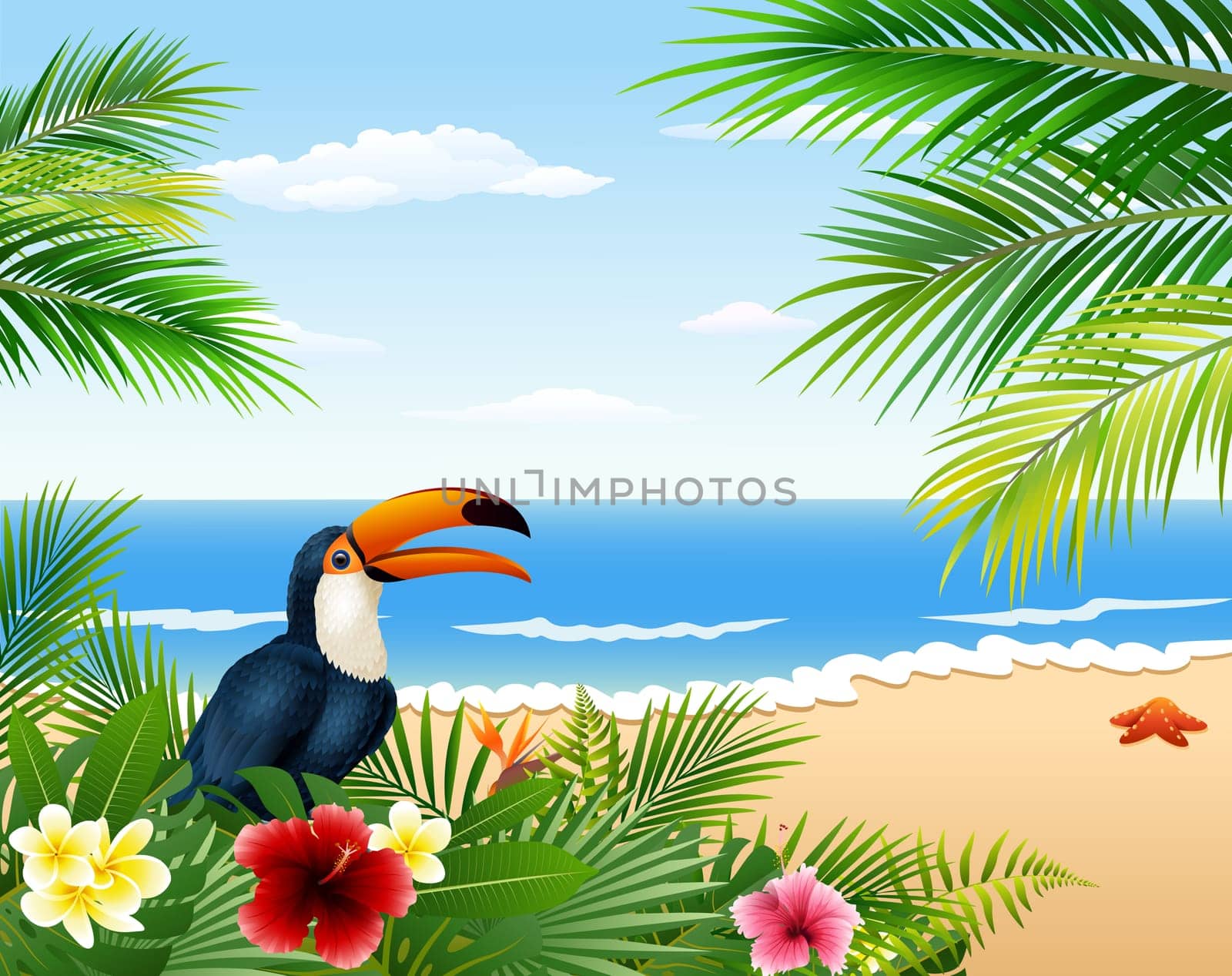 Card with tropical beach, tropical plants and toucan
