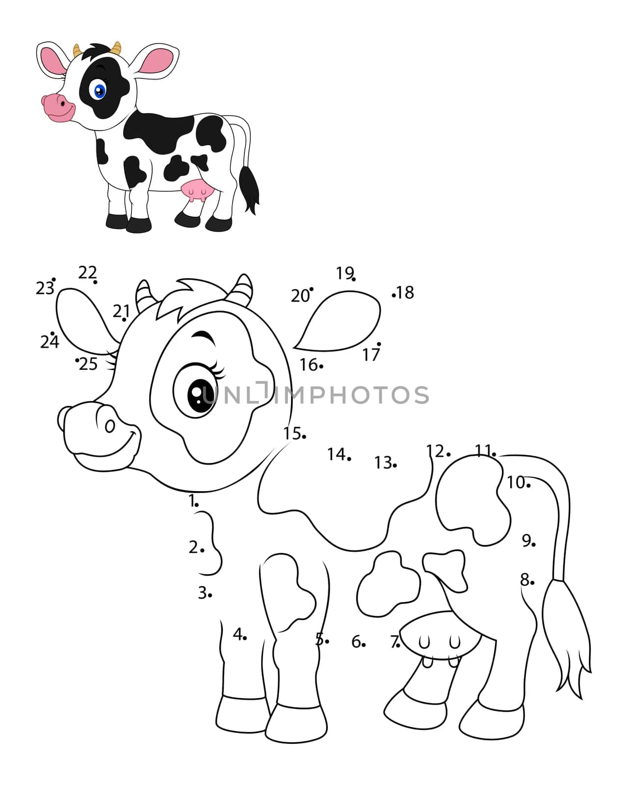 Connect the number to draw the animal educational game for children, Cute little cow