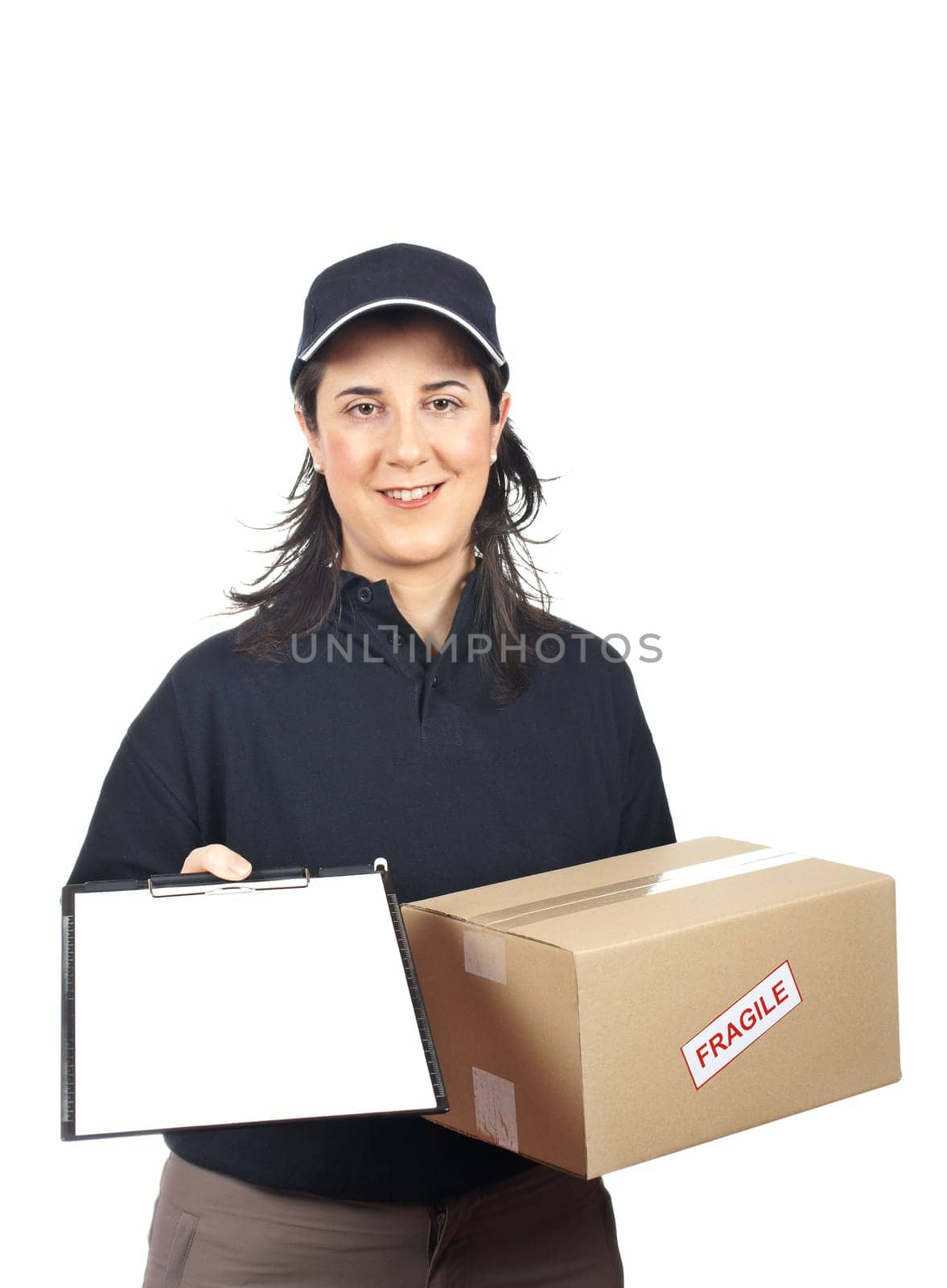 Courier woman delivering a parcel fragile and holding a clipboard for a signature