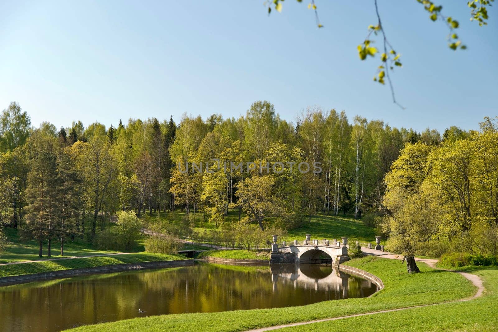 Old classical bridge amongst picturesque spring nature in park