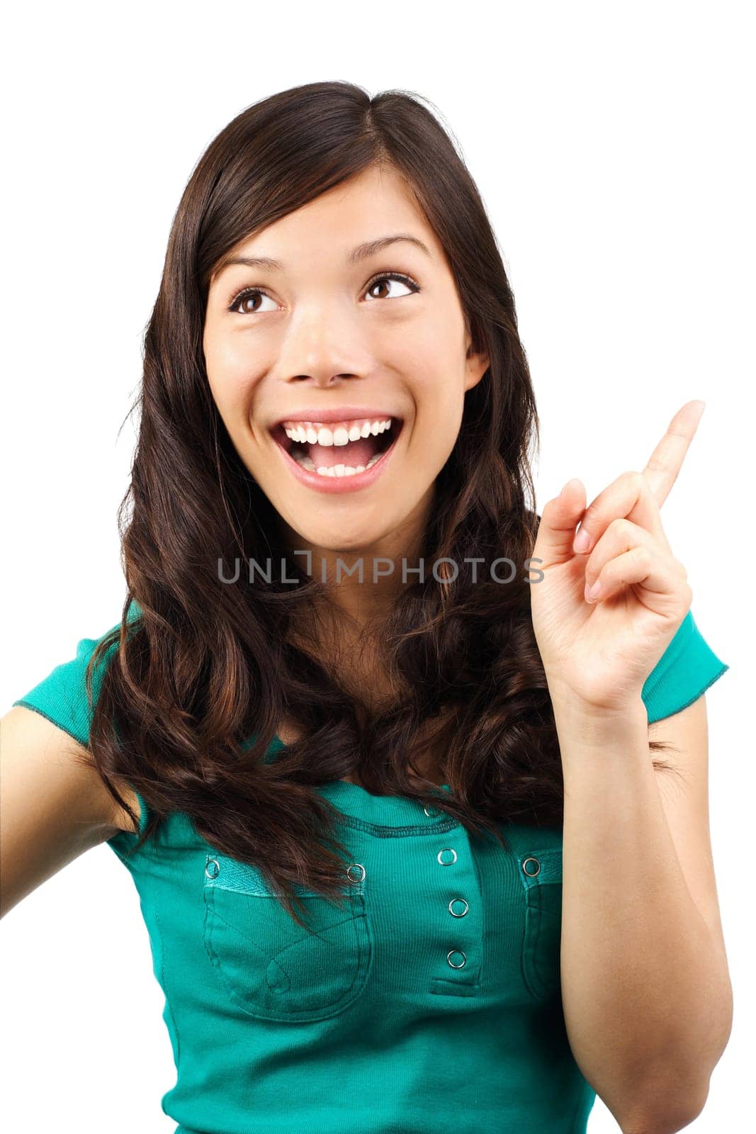 Eureka! Young woman having an aha moment. Isolated on white