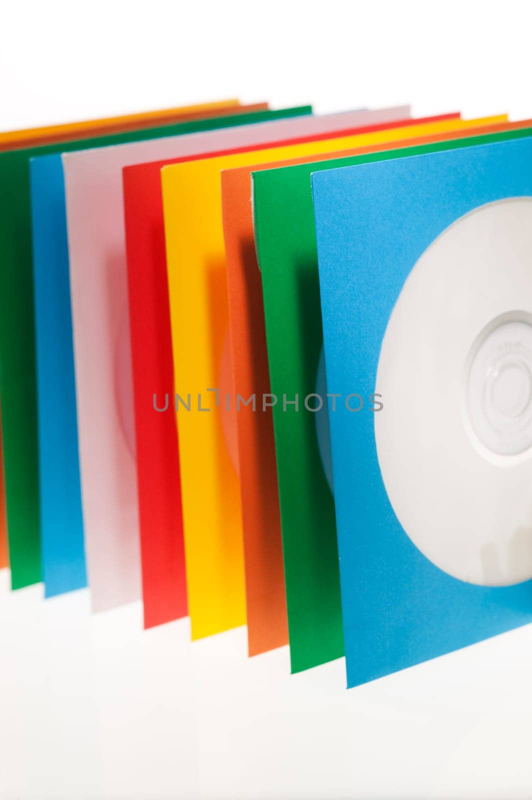 Multiple disc sleeves, standing on a clean background with a disc showing in the first window.