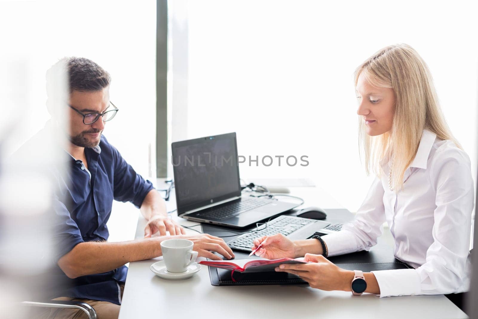 Business meeting. Client consulting. Confident business woman, real estate agent, financial advisor explaining details of project or financial product to client in office