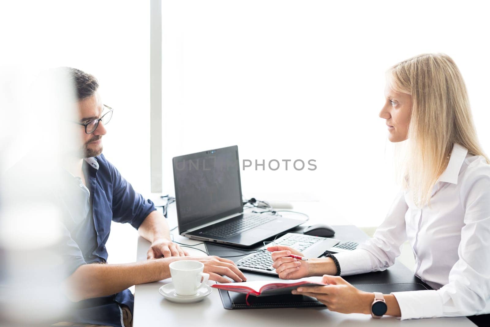 Business meeting. Client consulting. Confident business woman, real estate agent, financial advisor explaining details of project or financial product to client in office