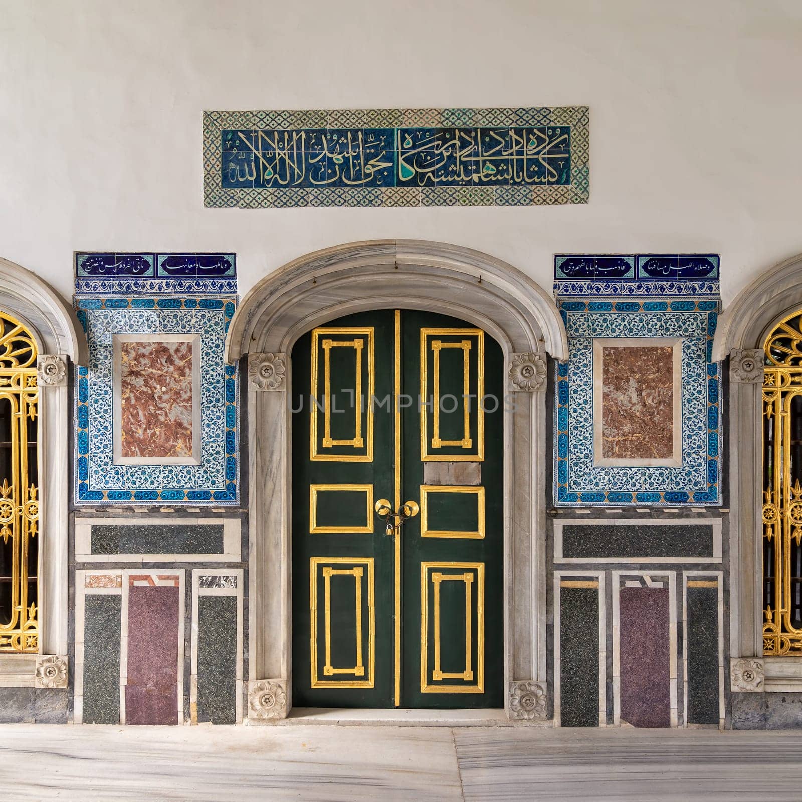 Beautiful ornate green and gold Door in Baghdad Kiosk, Topkapi Palace, Istanbul, Turkey