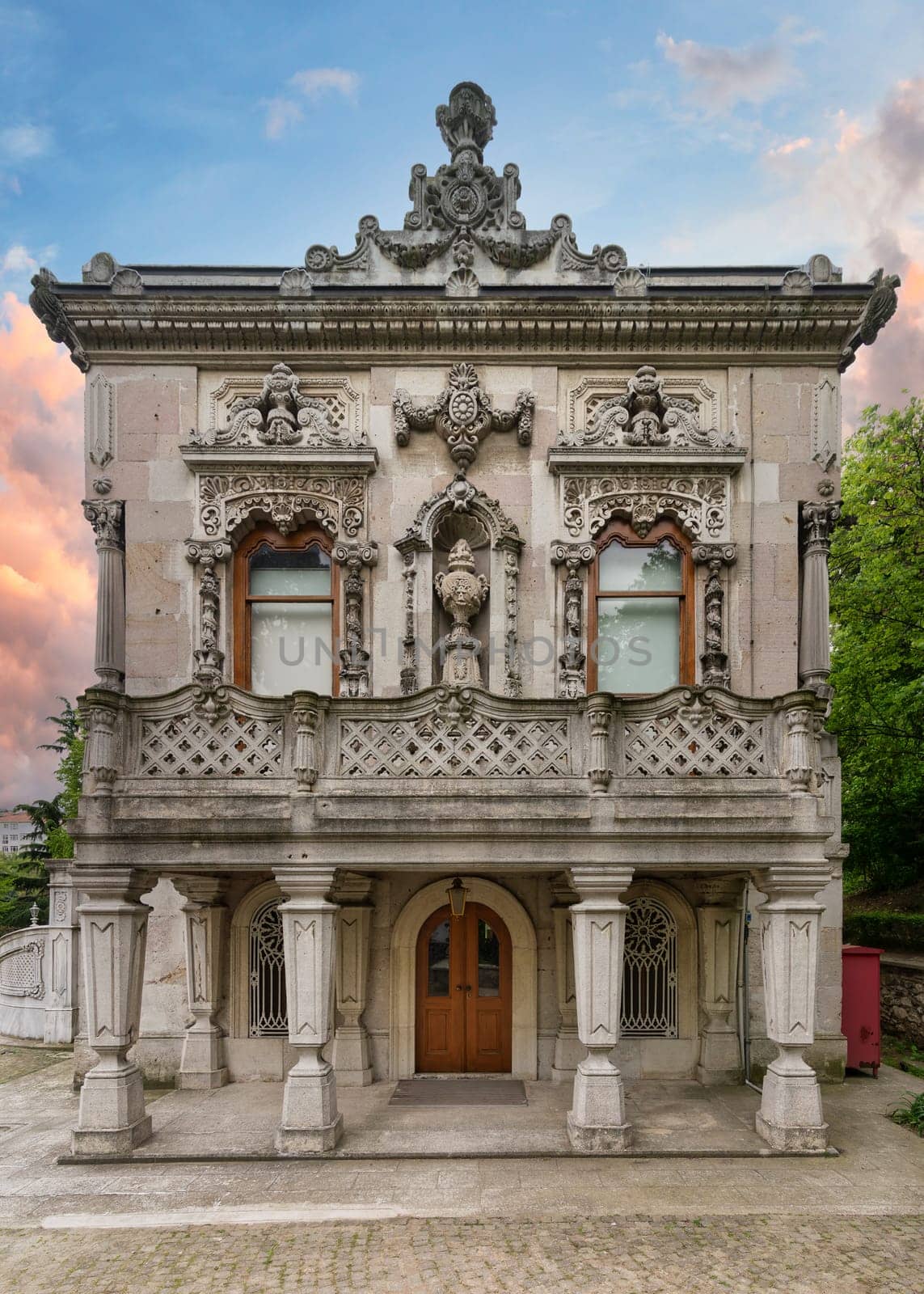 Side view of Ihlamur Pavilion, or Ihlamur Kasri, former imperial Ottoman summer pavilion constructed during the reign of Sultan Abdulmecid I, located in Nisantasi Ihlamur Yolu street, Istanbul, Turkey