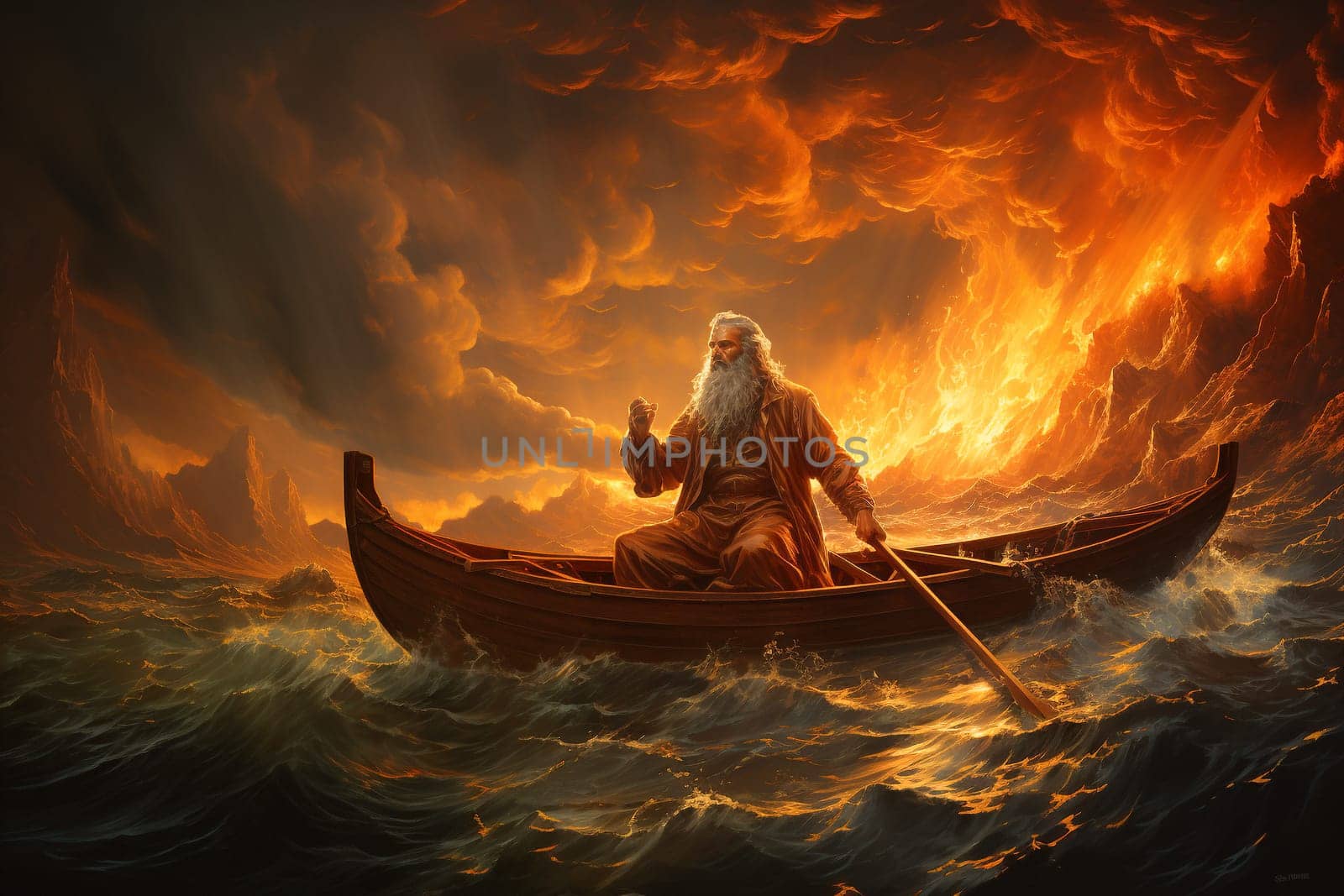Peter fishing on the Sea of Galilee, high water waves, Jesus walks on water, miracle of the bible, christianity and religion belief, generative AI