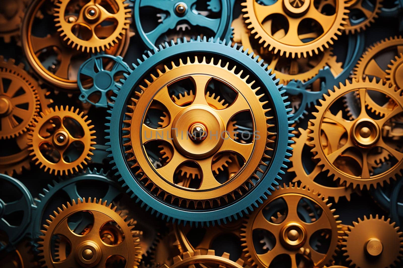 Cogwheels, futuristic mechanism industrial concept, gear wheels rotation, engineering and development, teamwork, generative AI