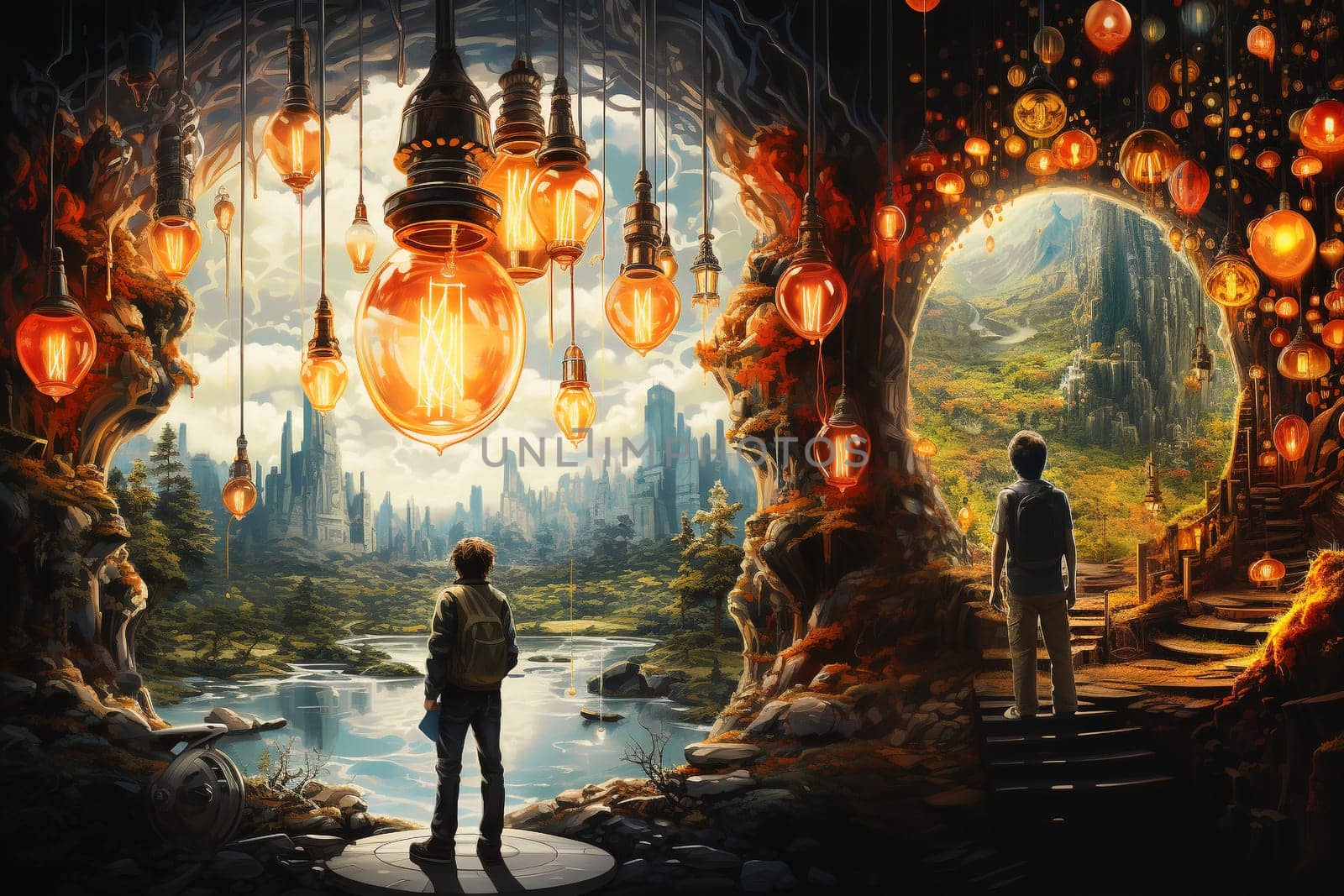 Man stands in a room with many light bulbs, explosion of ideas, brainstorming for solutions, smart brain, open mind for new direction, generative AI