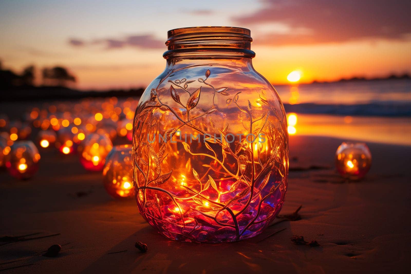 Magical jar or glass with sparkling fairy light standing on a beach at sunset, romatic peaceful evening, glowing fireflies, lifestyle