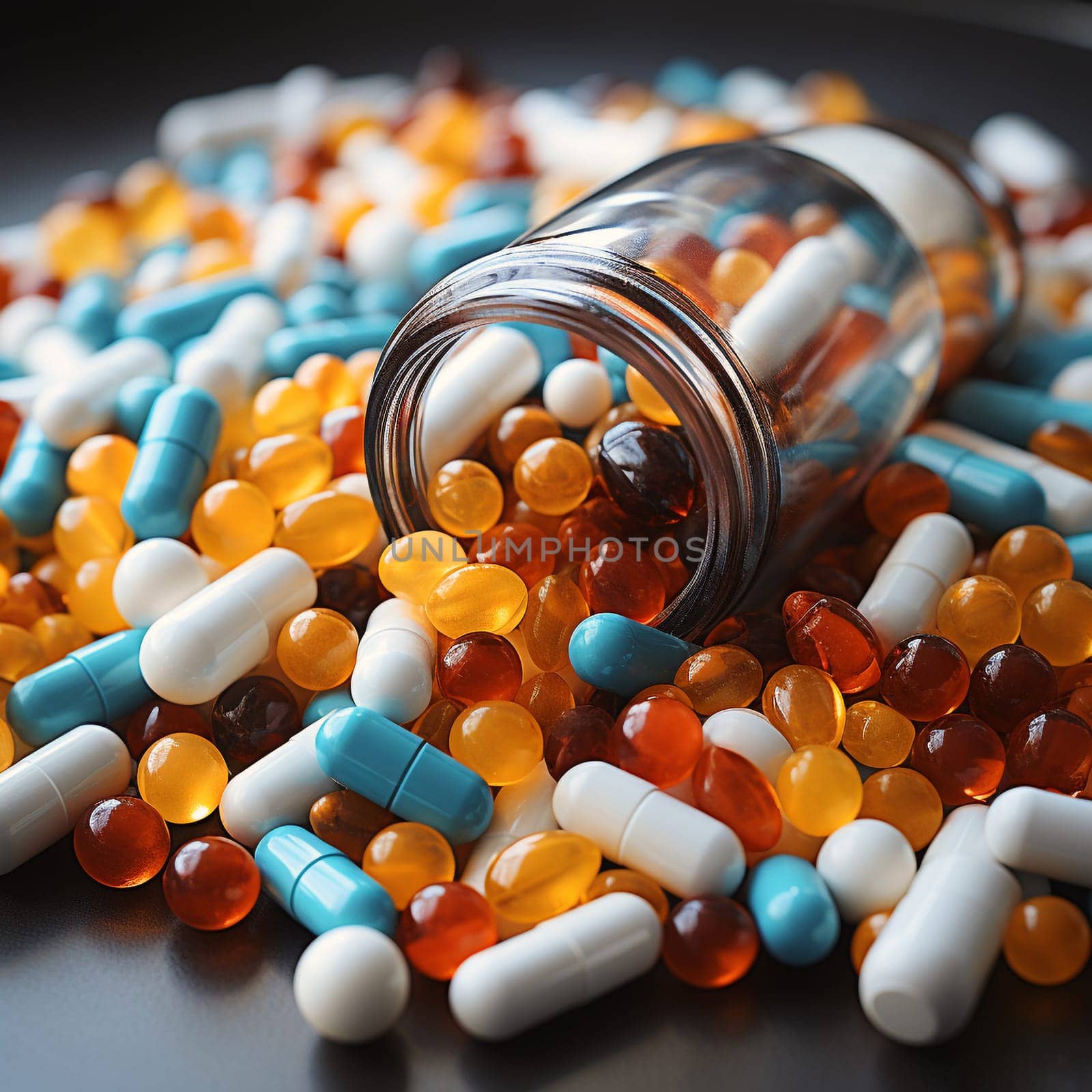 Pills with medicine, drug prescription, pharmacy tablets, healthcare and treatment, addiction to supplements, generative AI