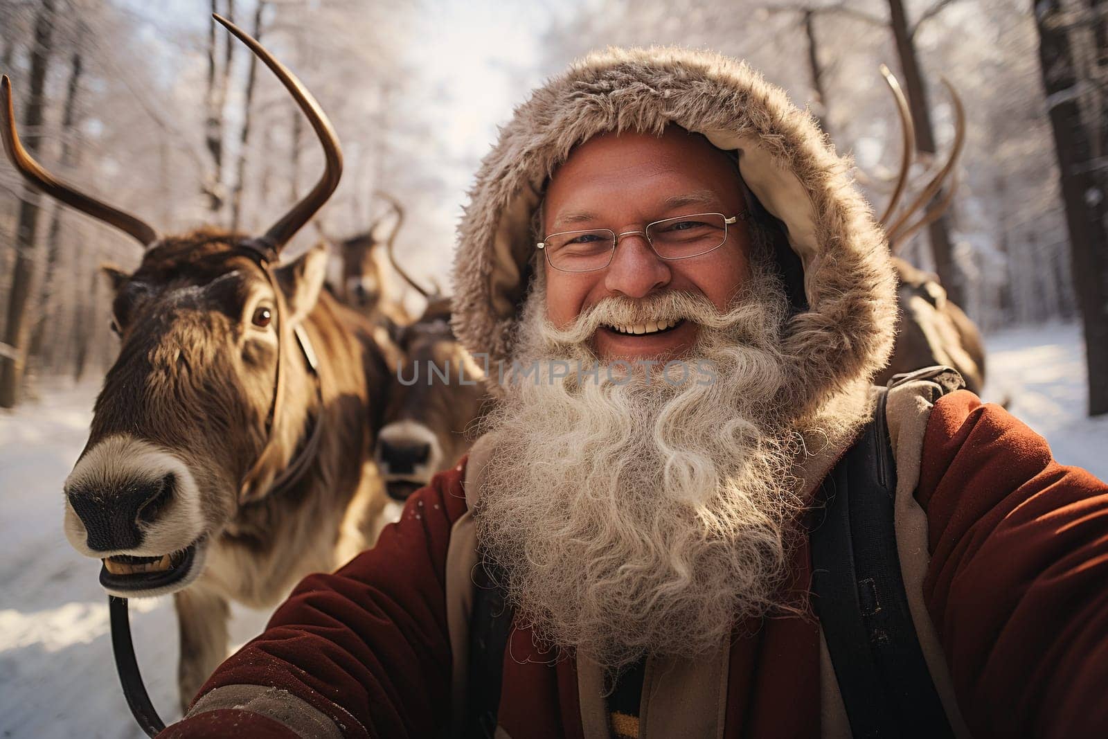 Santa Claus takes selfie with reindeer in the snow covered forest, winter holiday season, Xmas greeting card, generative AI