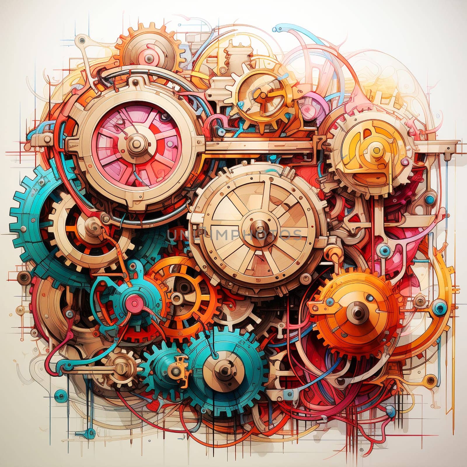 Cogwheels, futuristic mechanism industrial concept, gear wheels rotation, engineering and development, teamwork, generative AI