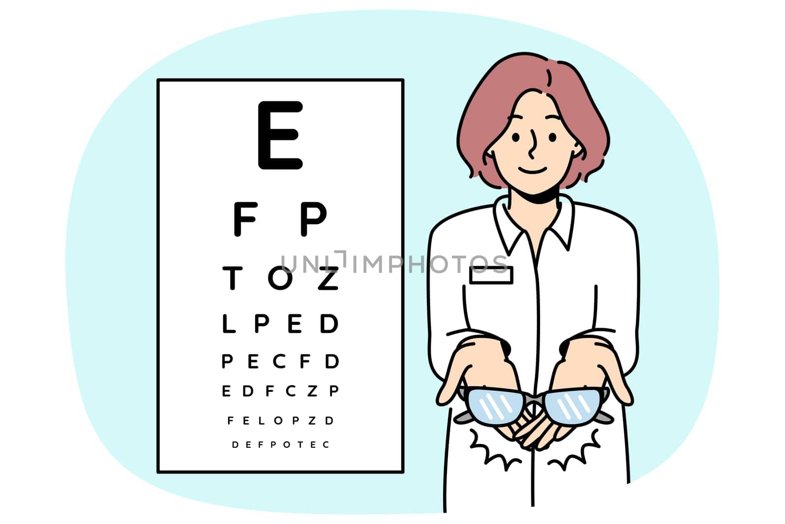 Female ophthalmologist holding glasses on background eye check chart. Eyesight checkup in ophthalmology clinic. Spectacles prescription. Vector illustration.