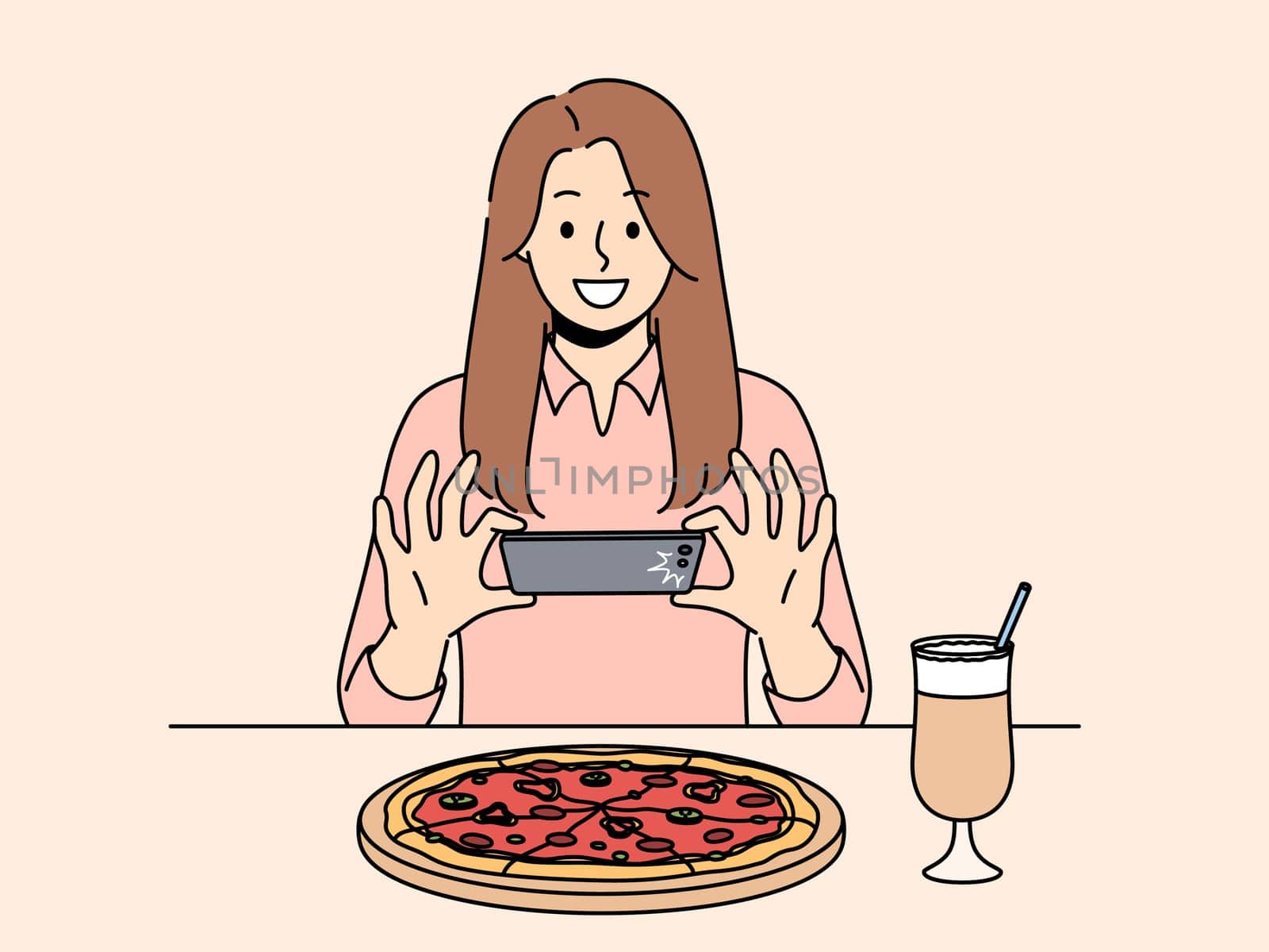 Woman takes picture of pizza on phone, wanting to make post on social network and talk about life. Girl blogger take shot of pizza while visiting restaurant of traditional italian cuisine