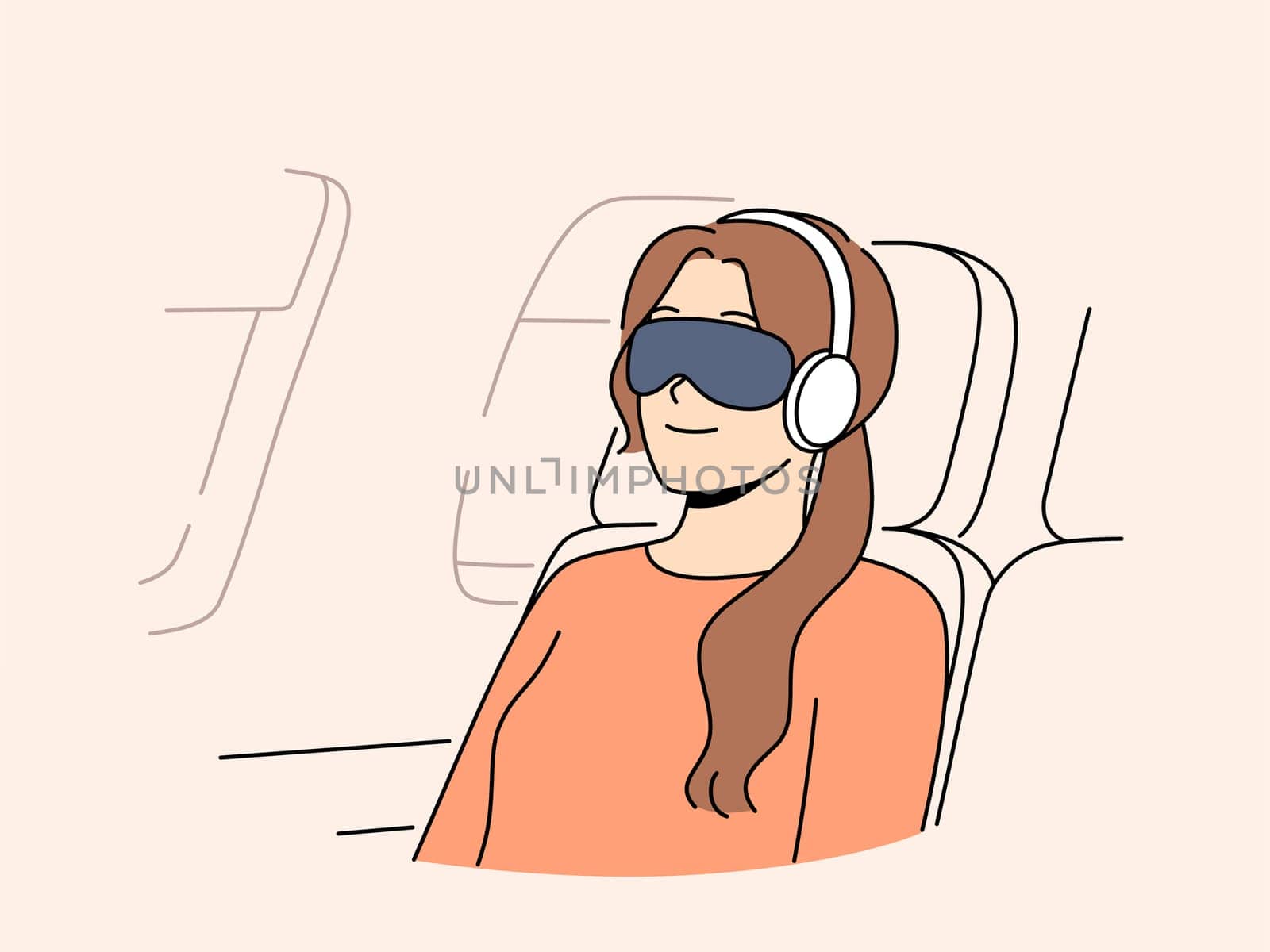 Woman passenger of flight with blindfold and earphones sleeps in airplane chair sitting outside porthole. Young girl first class passenger flies on business trip on airplane and smiles