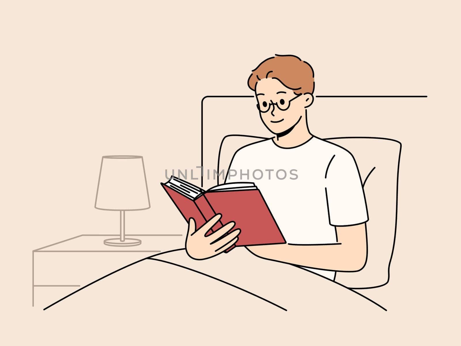 Man reads book before bedtime, sitting in bed at night and enjoying plot of fantasy novel. Smart young guy student preparing for exam in bed studying textbook with educational information