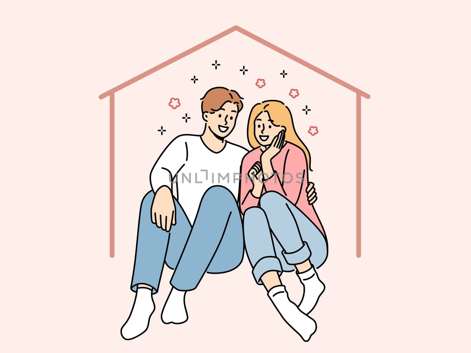 Happy couple sits in imaginary house dreaming of mortgage and buying own property or renting large apartment. Man and woman hugging inside house, using services of real estate insurance