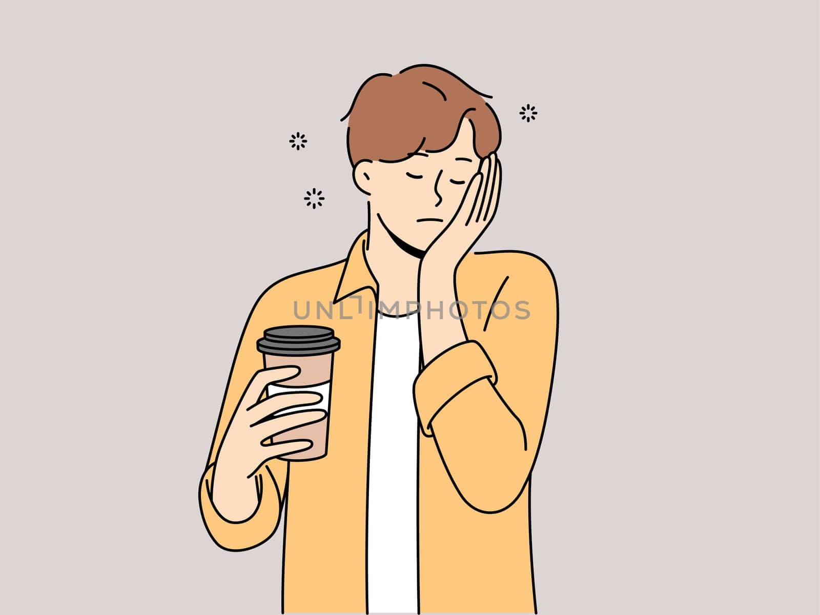 Sleepy man with disposable cup of coffee feels exhausted and lacks strength due to lack of sleep. Guy sleeps on go and tries to cheer up with takeaway coffee with high content of caffeine and taurine