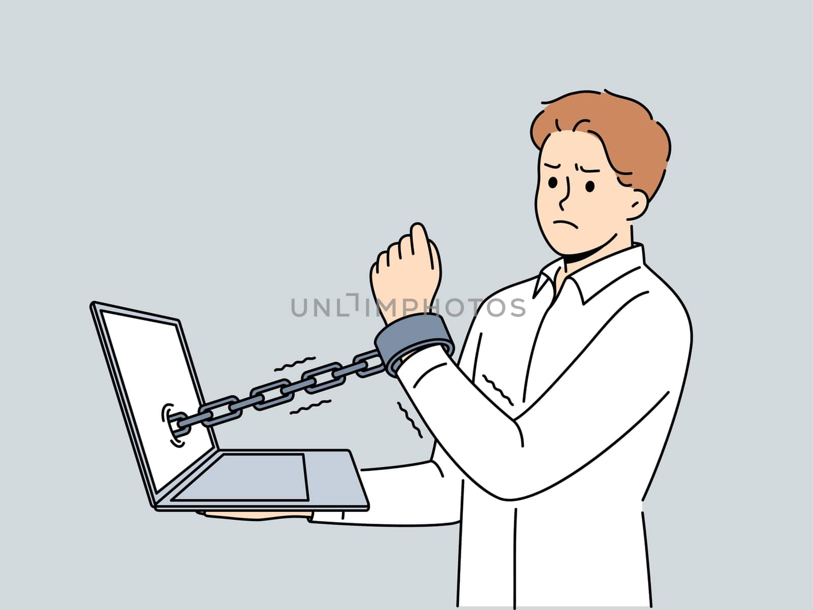 Man handcuffed to laptop symbolizes slavery of clerks and freelancers working through internet. Guy suffers from online addiction and slavery or lack of time for rest associated with strict deadlines