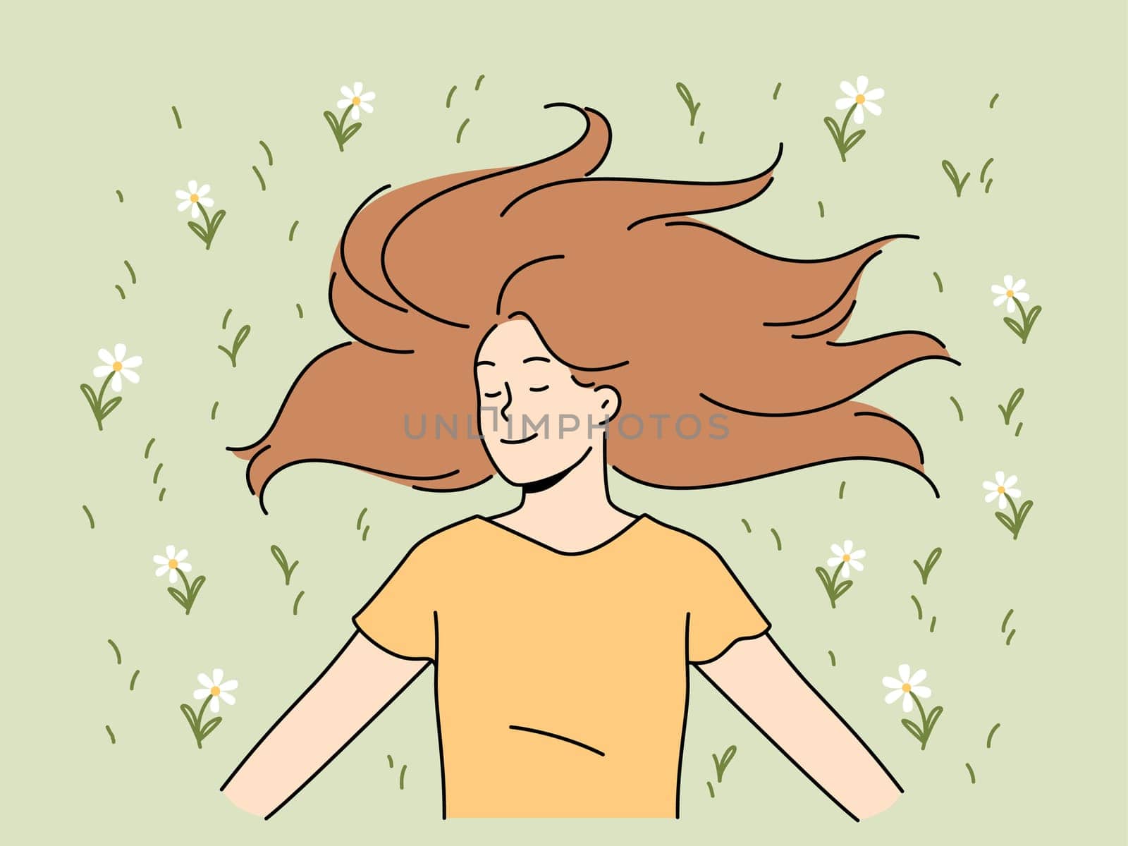 Happy woman with long hair lies on grass in park with eyes closed and smiles rejoicing in sunlight. Positive young woman in casual t-shirt enjoying good summer weather lying on lawn with flowers