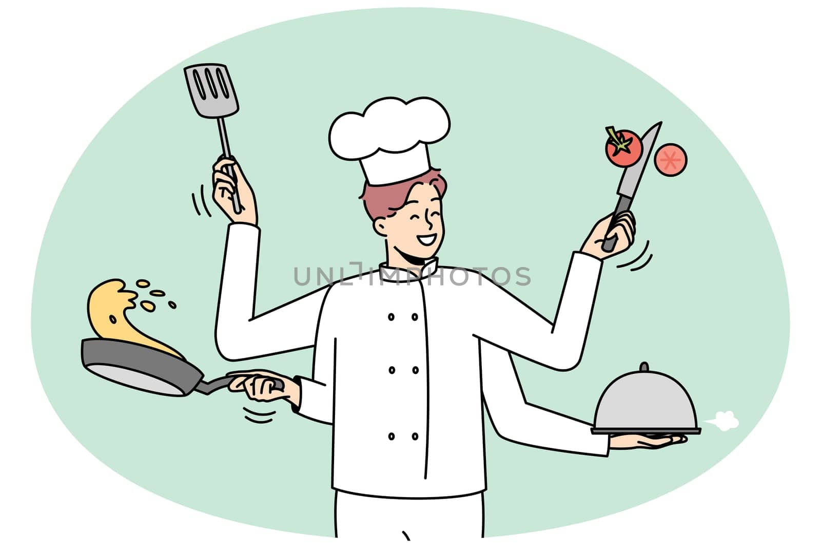 Smiling male chef in uniform with kitchen utensils multitasking at work. Happy confident man cooking with kitchenware. Vector illustration.