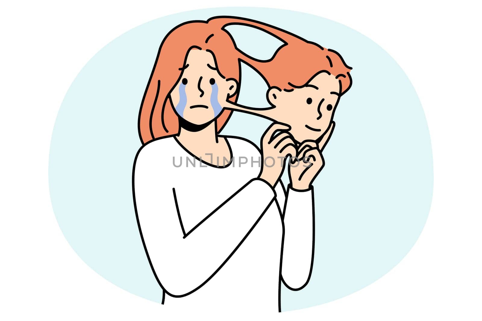 Unhappy crying woman take out mask of man suffer from trans gender identity problem. Concept of transsexual and queer people. Vector illustration.