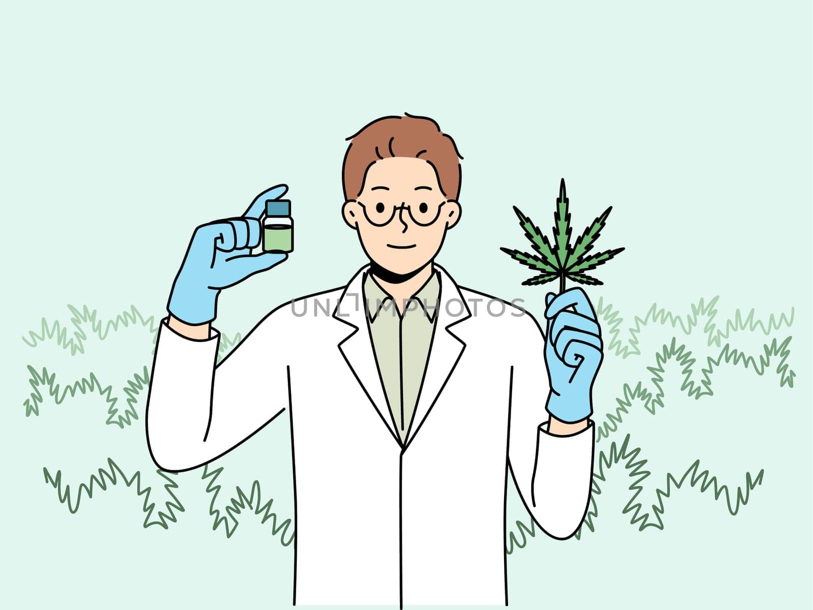 Man biologist with cannabis oil, produced from petals of narcotic plant, recommending legalization of marijuana. Doctor in white coat demonstrates cannabis leaf that helps fight dangerous diseases