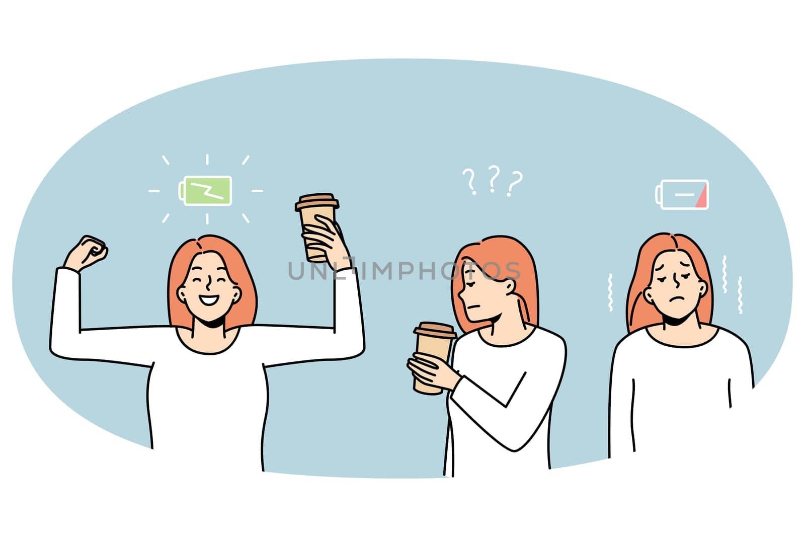 Woman before and after drinking coffee. Female get energy from hot espresso. Active life and caffeine refreshment. Vector illustration.