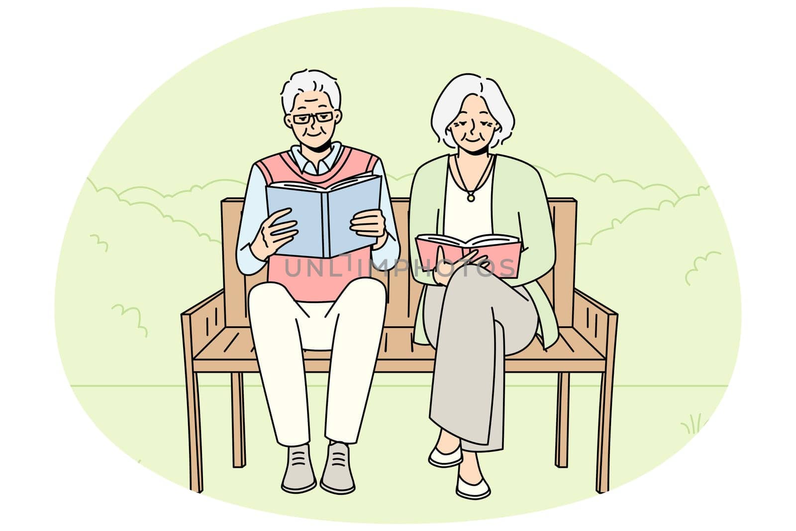 Joyful mature couple sit on bench in pack reading books. Smiling old man and woman relax outside enjoy literature. Happy maturity and hobby. Vector illustration.