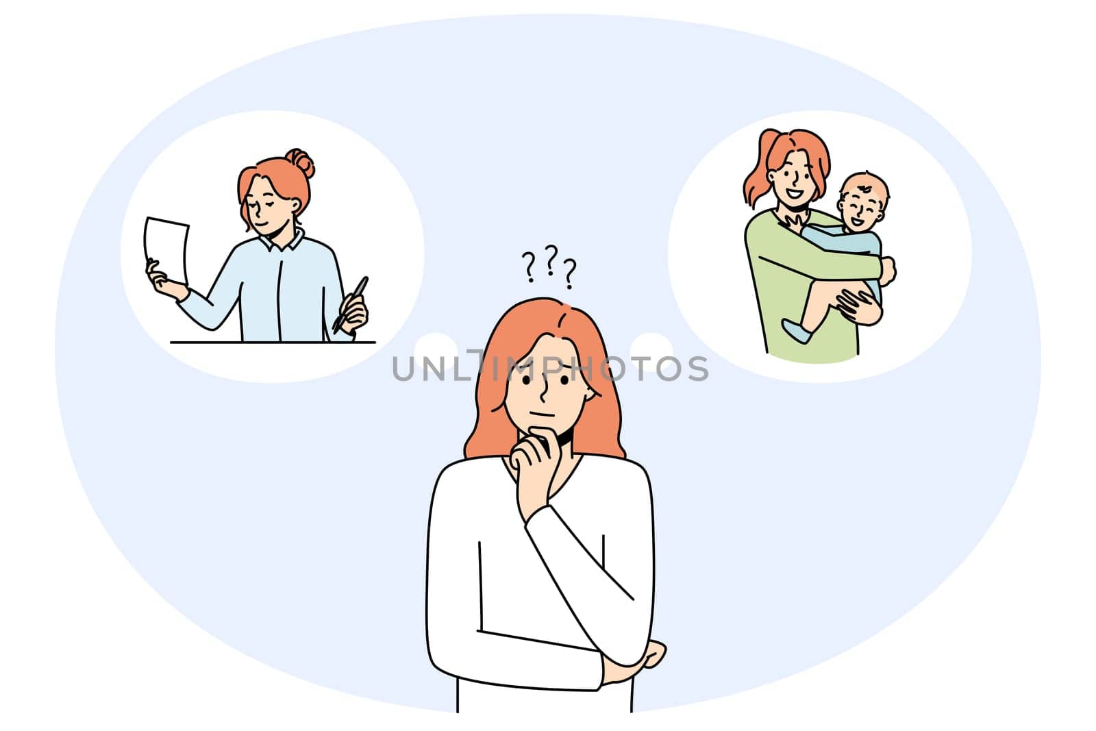 Confused woman thinking about motherhood or career. Frustrated female make decision of becoming mother or businesswoman. Family and work. Vector illustration.