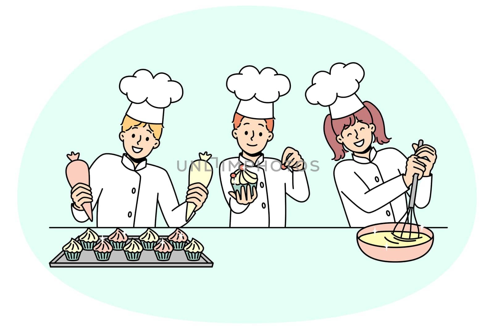 Little kids cooks have fun baking together. Smiling small children in uniforms cooking preparing desserts at kitchen. Workshop or future profession. Vector illustration.