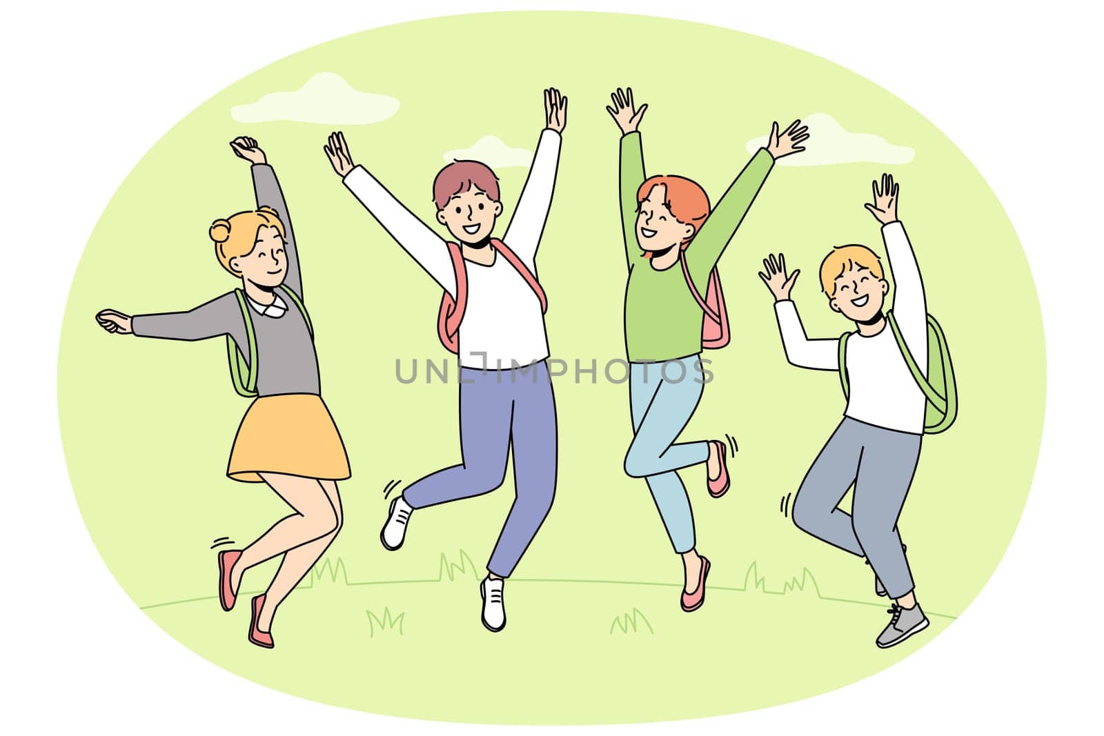 Happy children with backpacks jumping having fun outdoors. Smiling kids enjoy school vacation. Childhood leisure concept. Vector illustration.