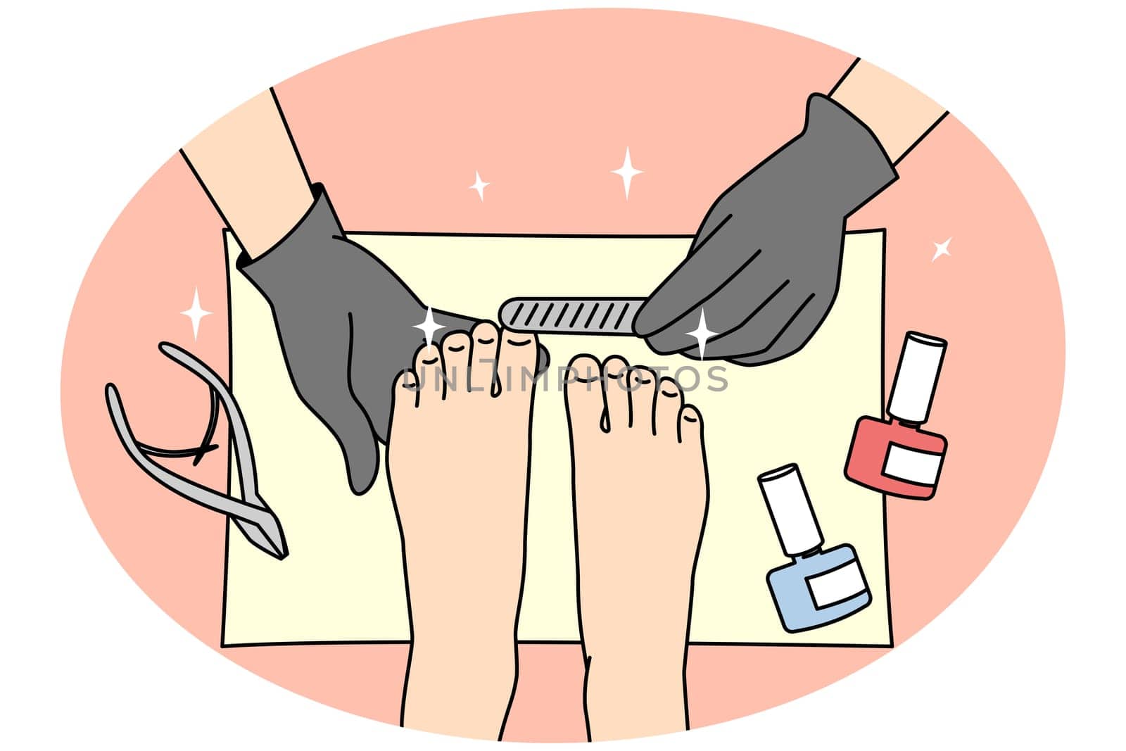 Closeup of woman get pedicure in salon. Female client care about hygiene and look of toe nails. Beauty concept. Vector illustration.
