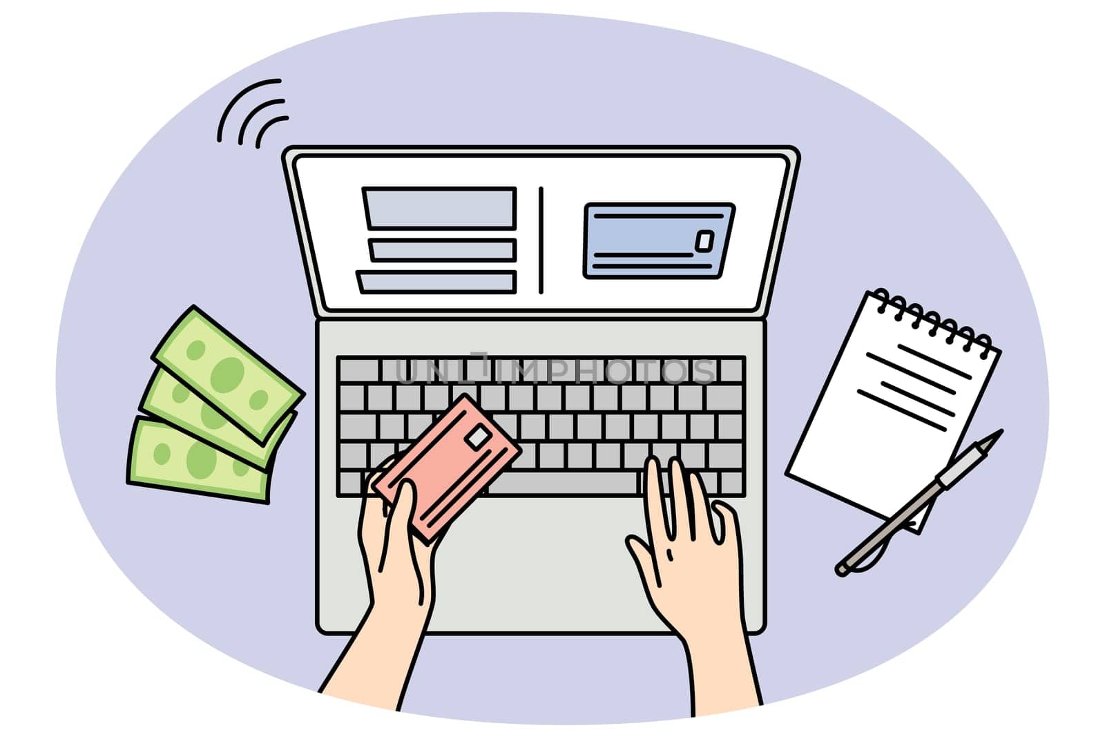Closeup of person shopping online on laptop paying with credit card. Client make internet payment on computer. Web banking concept. Vector illustration.