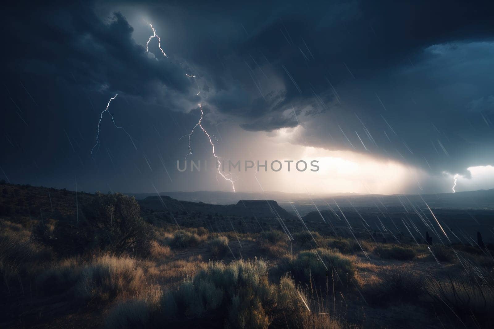 A powerful storm looms over an open field, with lightning illuminating the dark sky, creating a dramatic and moody atmosphere. AI Generative.