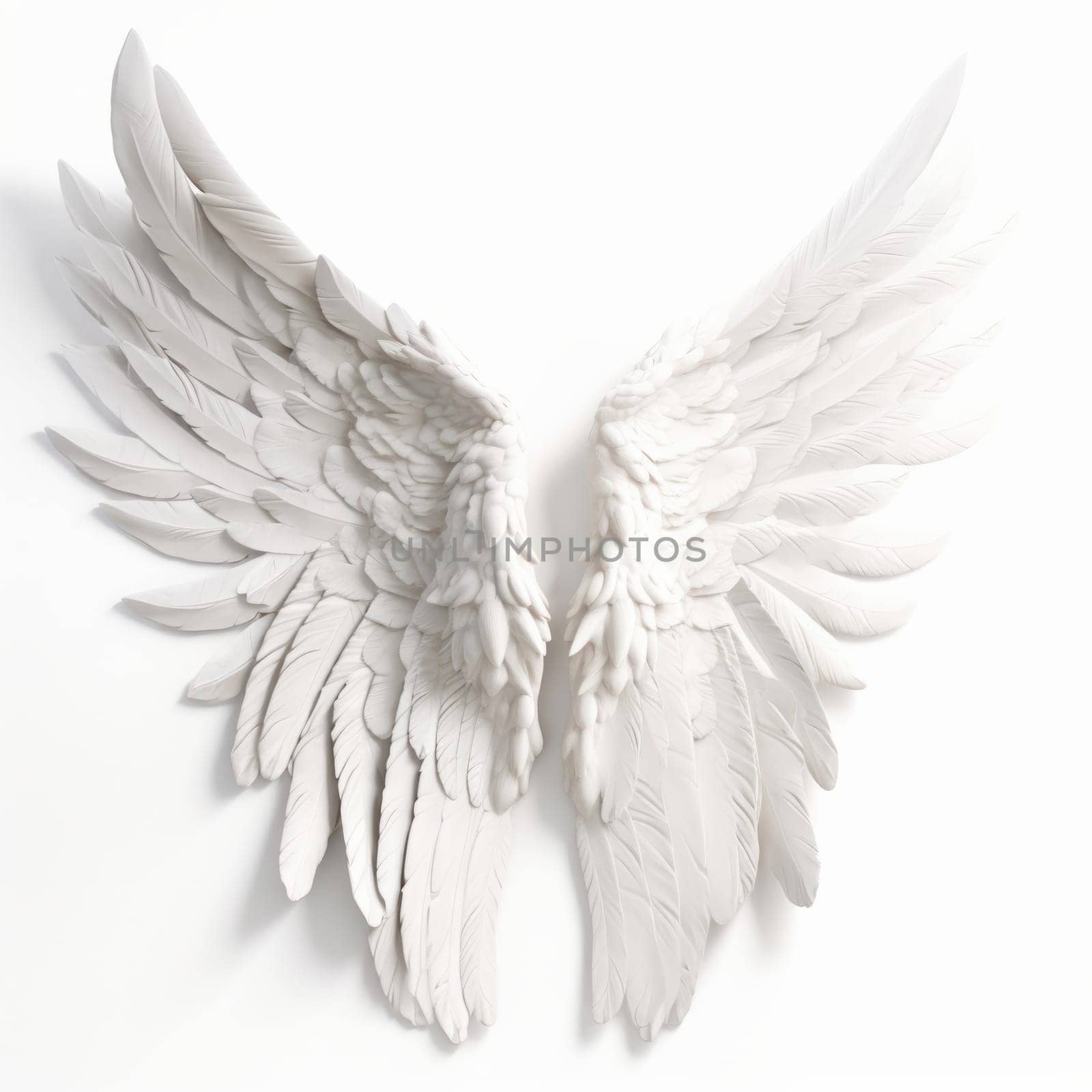Abstract white angel wings isolated on a white background, symbolizing freedom and peace. AI Generative