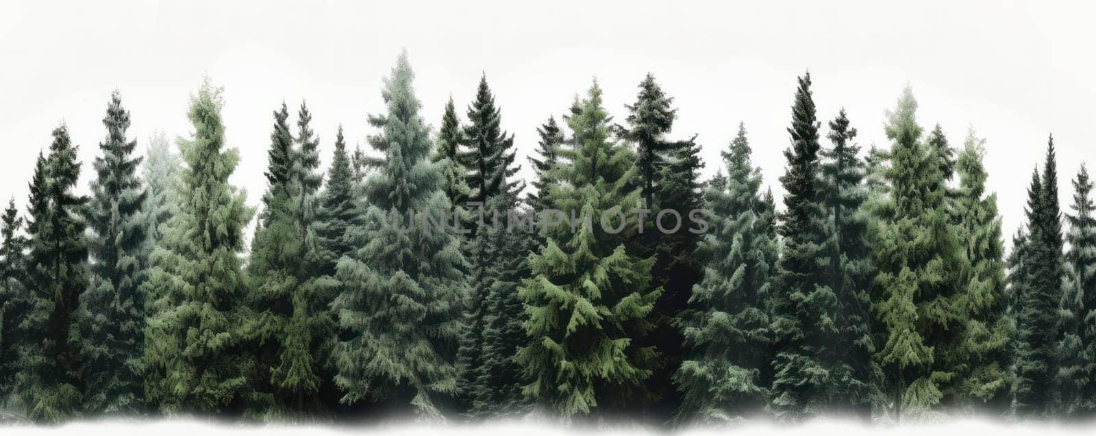 A pristine winter landscape with a row of trees covered in snow, evoking a sense of peace. AI Generative.