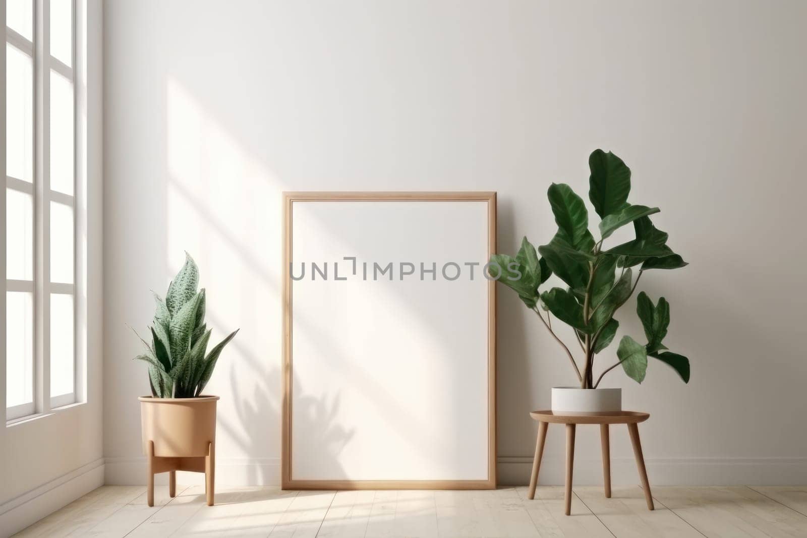 A rustic wooden table with a potted plant and mockup frame, perfect for displaying artwork or photos. AI Generative technology makes it look realistic.
