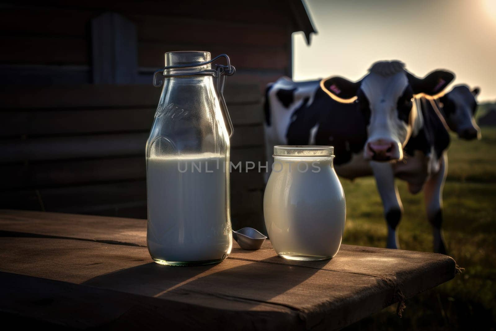 A spring day on a grass-fed farm. A glass jug of milk and a jar of cream on a wooden table. A cow grazes in the pasture nearby. Is AI Generative.