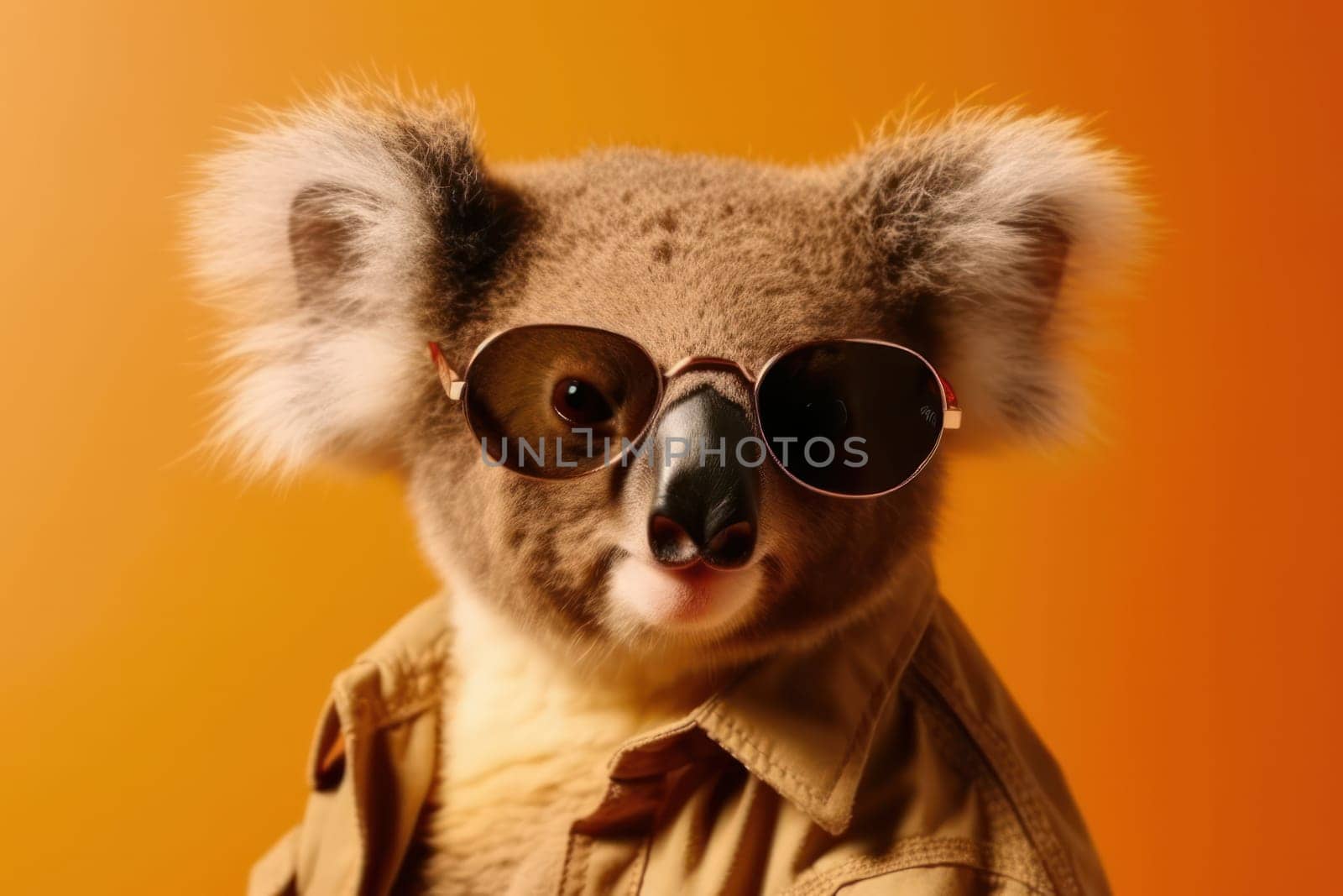 Adorable koala posing with cool sunglasses and trendy hipster accessory in the eucalyptus tree. The iconic symbol of the Australian wildlife. AI generated.