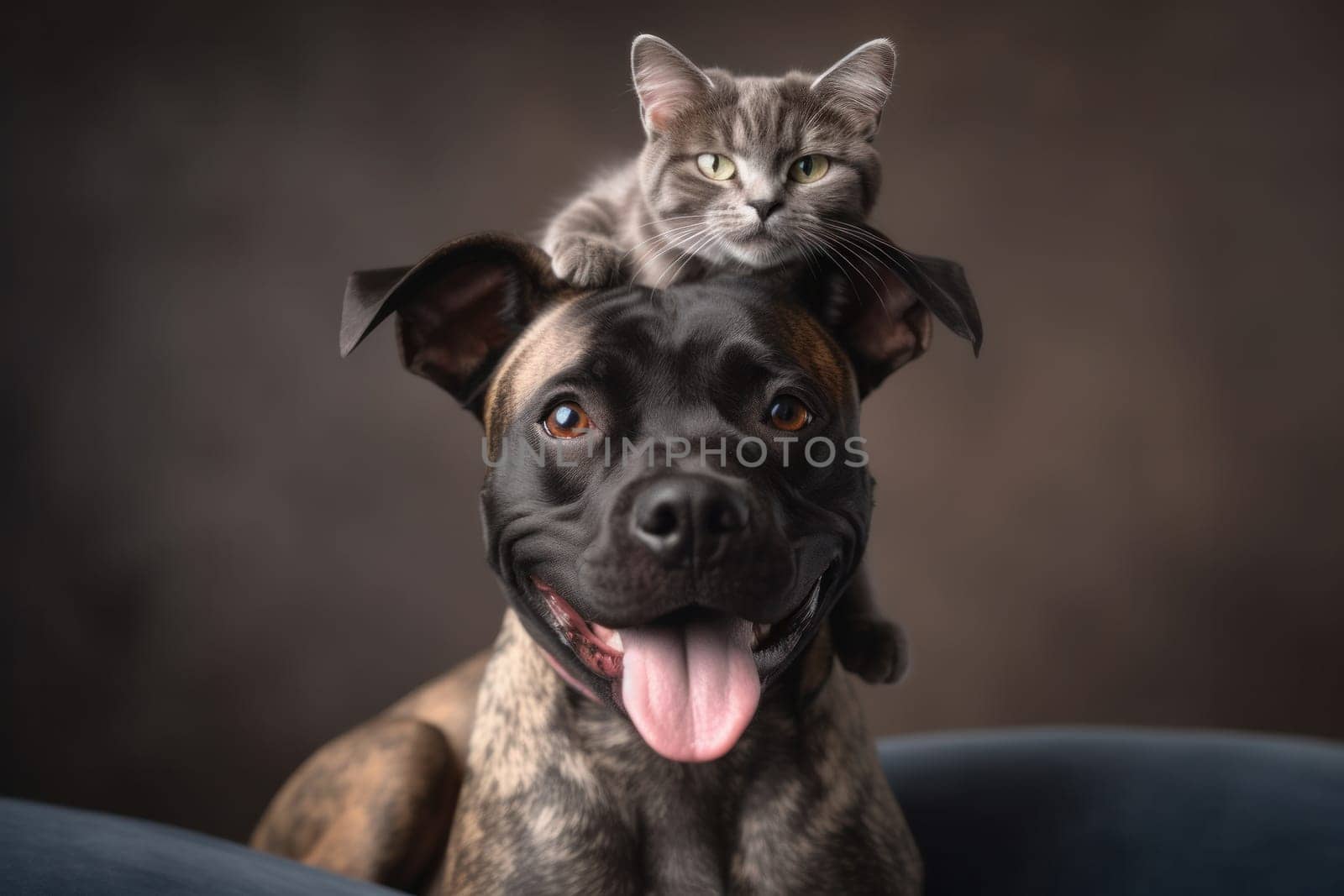 Feline and canine friends a cat sitting on a dog's head, a heartwarming example of cross-species companionship. AI Generative