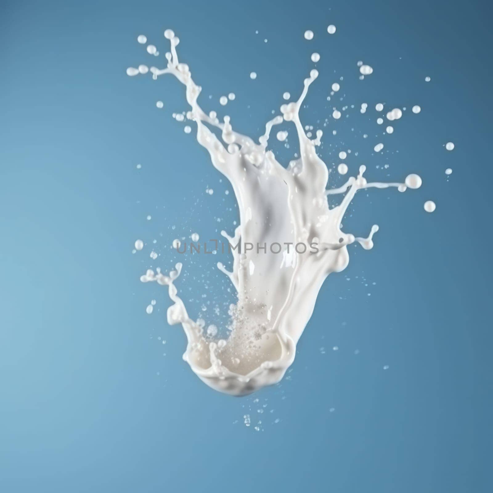 Abstract milk splash on a blue surface, a minimalist and artistic representation of dairy products is AI Generative.