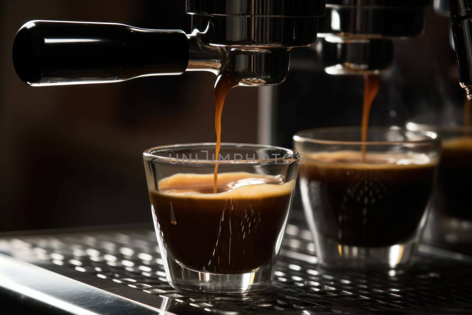 Stainless steel coffee maker brewing up a delicious cup of coffee with rich flavor is the perfect way to start your day. AI Generative.