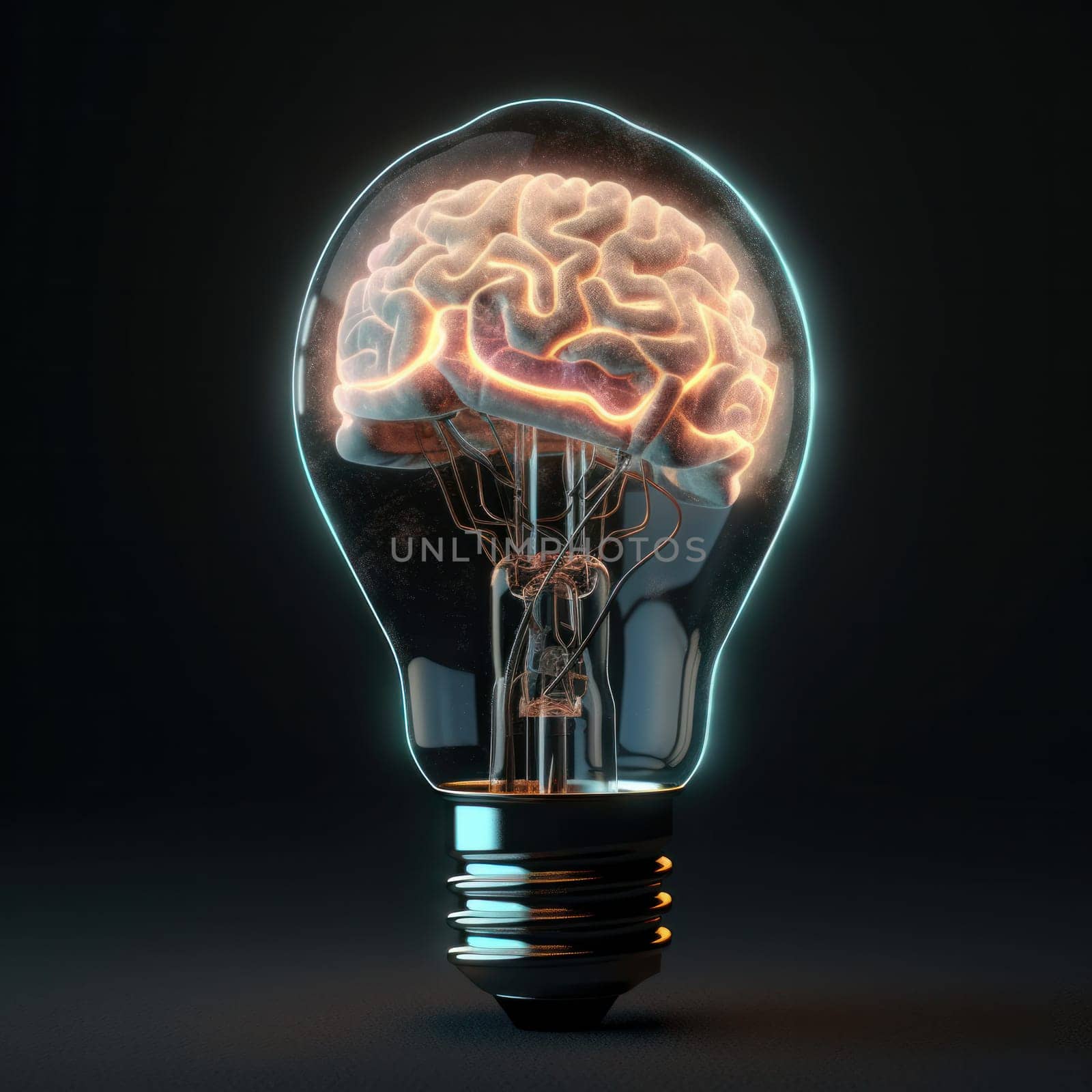 A conceptual light bulb with a luminous brain inside symbolizes the brilliance of creativity and enlightenment is AI Generative.