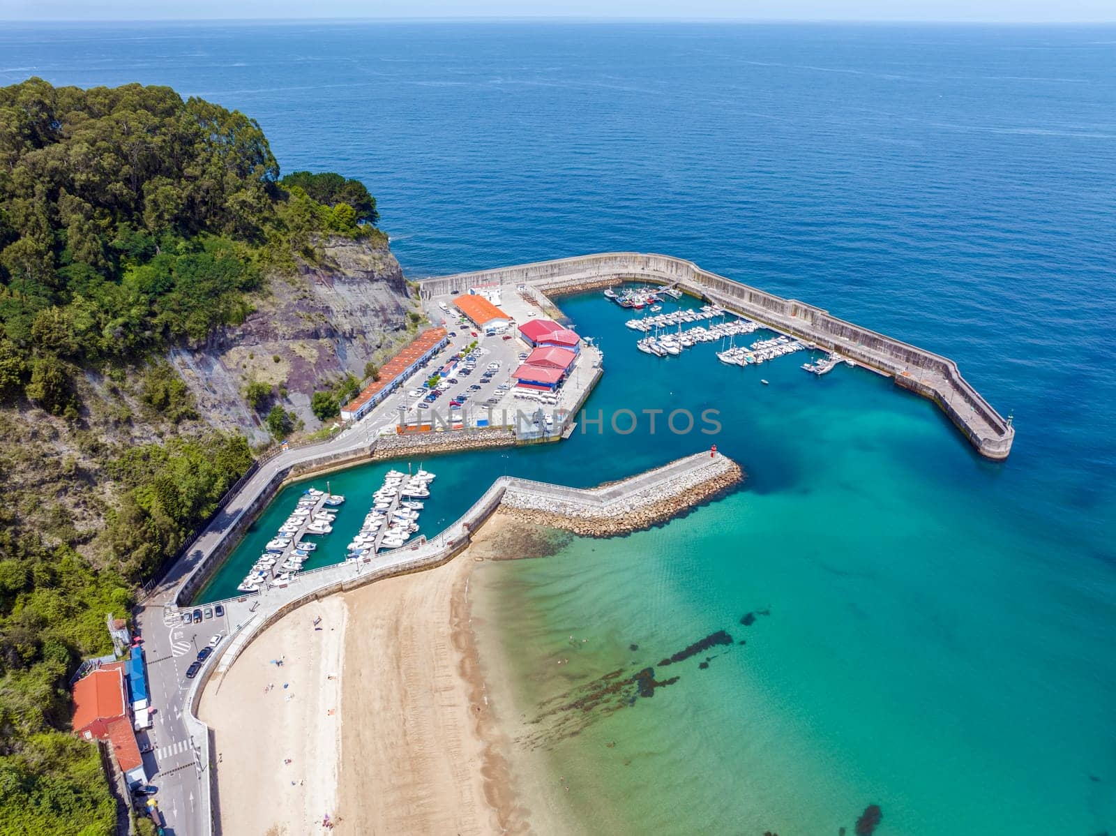 Aerial view of the marina of Lastres, province of Asturias, Spain. Named beautiful town of Spain